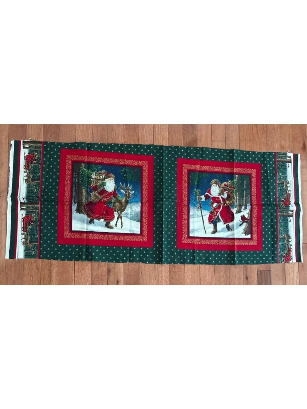 Santa Claus Cotton Fabric Panel Christmas Winter Scene Green & Red 44"x 22"